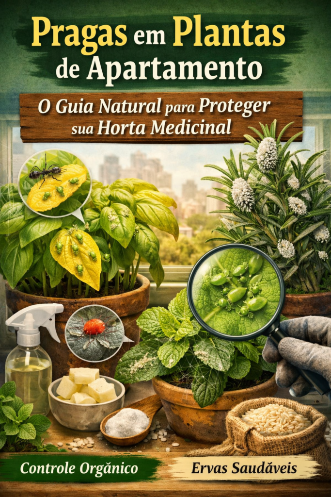 Plantas medicinais em vasos no apartamento com sinais de pragas, como pulgões e ácaros, sendo analisadas com lupa, ao lado de soluções naturais de controle orgânico, em ambiente urbano iluminado