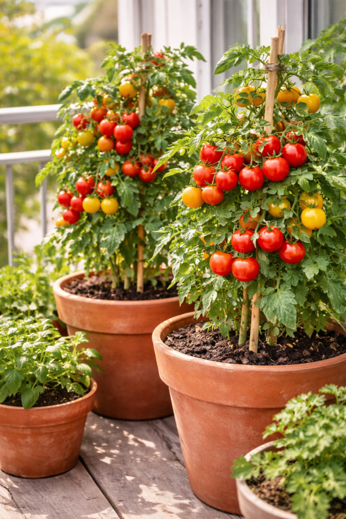 Tomate cereja cultivado em vasos de barro na varanda de um apartamento, com frutos vermelhos e amarelos maduros apoiados em estacas sob luz natural.
