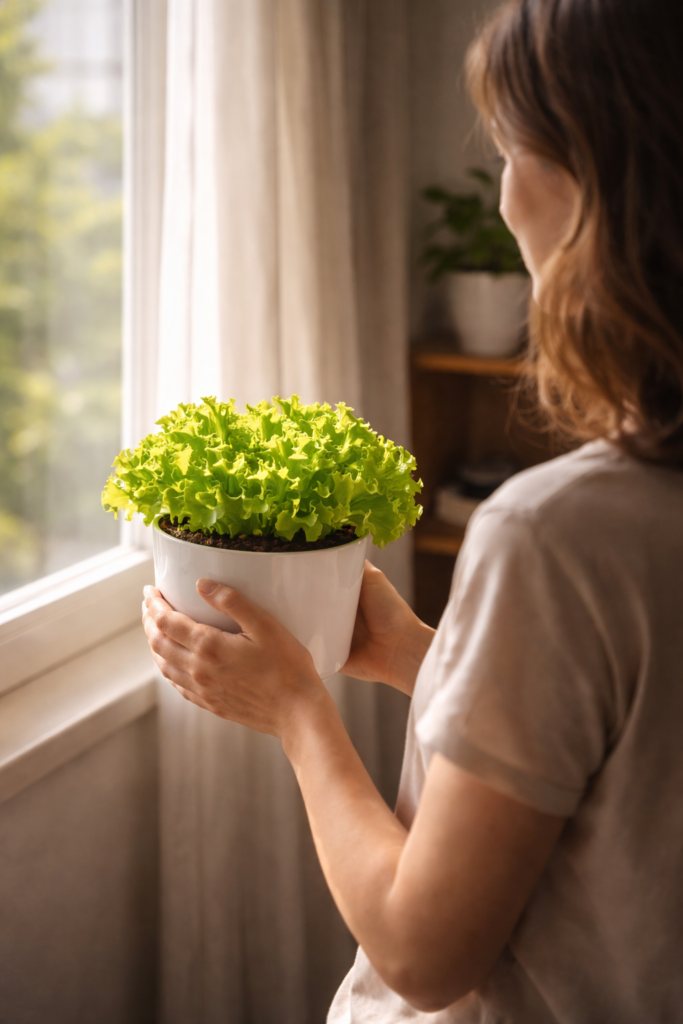 Observando luz natural na janela para escolher local da horta