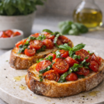 Bruschettas rústicas com tomate-cereja fresco da horta e manjericão sobre fatias de pão artesanal tostado, finalizadas com azeite, em fundo de cozinha iluminado com vaso de manjericão ao fundo
