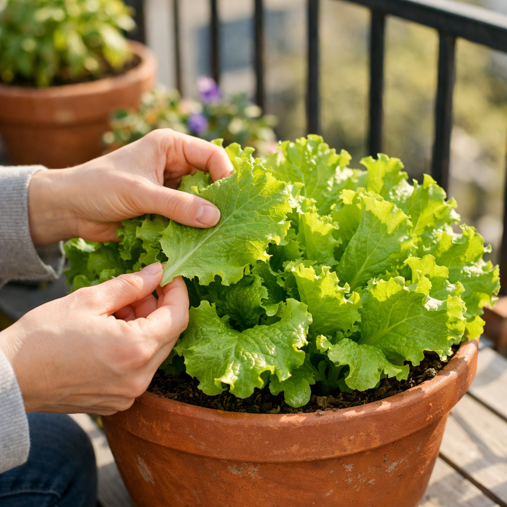 Colhendo folhas de alface cultivadas em apartamento