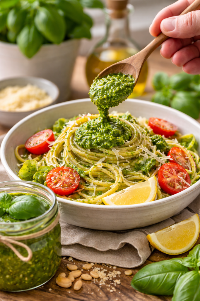 Espaguete ao pesto com ingredientes frescos
