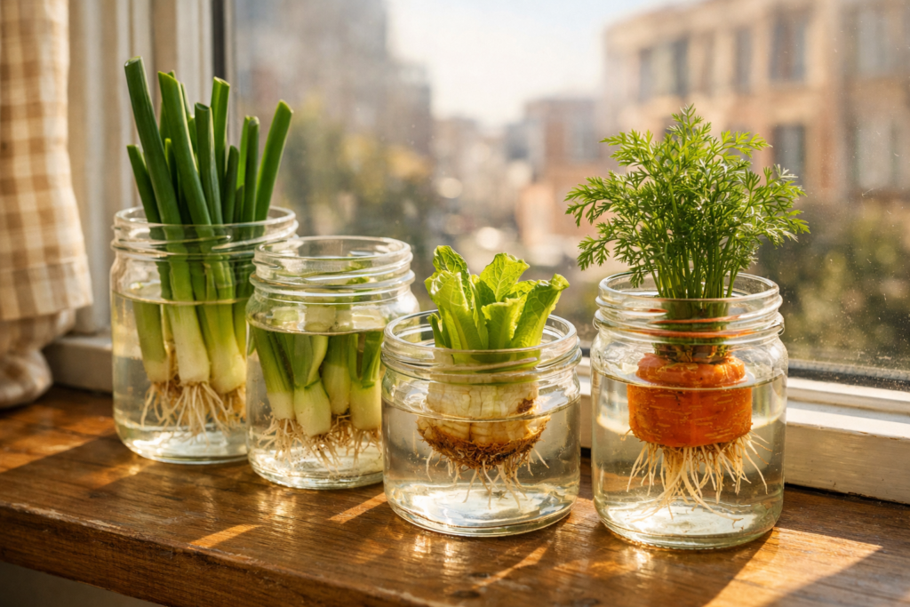 Potes de vidro reutilizados com restos de vegetais brotando em água sobre o parapeito de uma janela ensolarada, incluindo cebolinhas, alface romana e topo de cenoura com raízes visíveis, com prédios desfocados ao fundo.