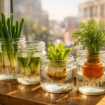 Potes de vidro reutilizados com restos de vegetais brotando em água sobre o parapeito de uma janela ensolarada, incluindo cebolinhas, alface romana e topo de cenoura com raízes visíveis, com prédios desfocados ao fundo.