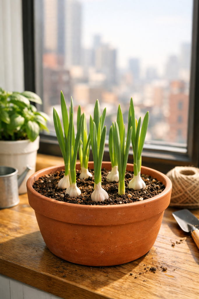 Vaso com alho plantado em apartamento, mostrando folhas verdes altas crescendo em terra leve sobre bancada próxima à janela com luz natural
