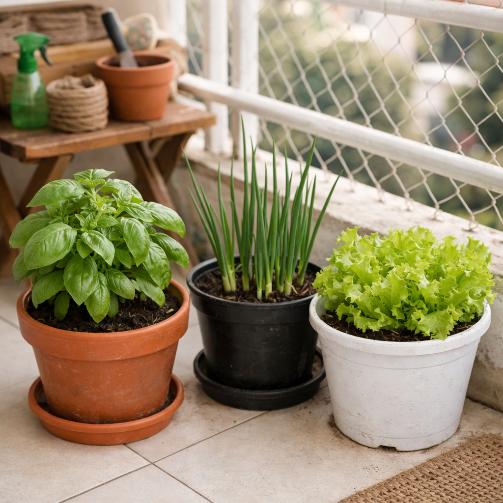 Horta em apartamento com vasos simples em varanda pequena com luz natural
