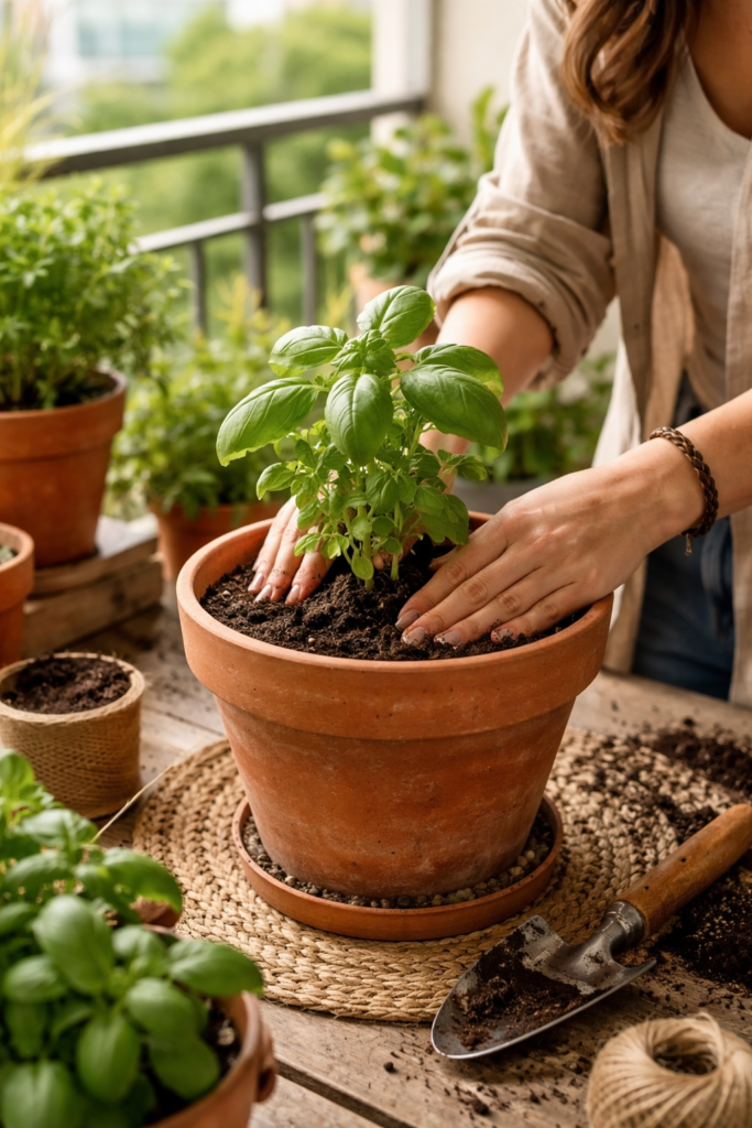 Mãos plantando muda de manjericão em vaso médio com drenagem, ambiente de apartamento, iluminação natural suave, estilo realista.