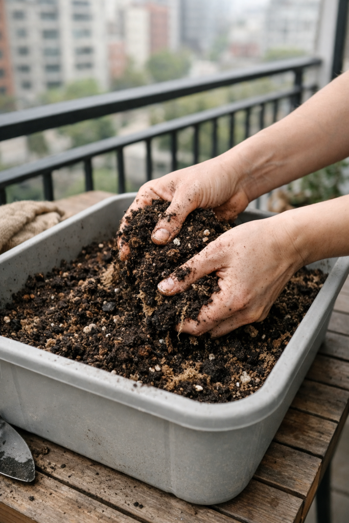 Preparação de substrato leve e orgânico para plantio de pimenta em vaso.