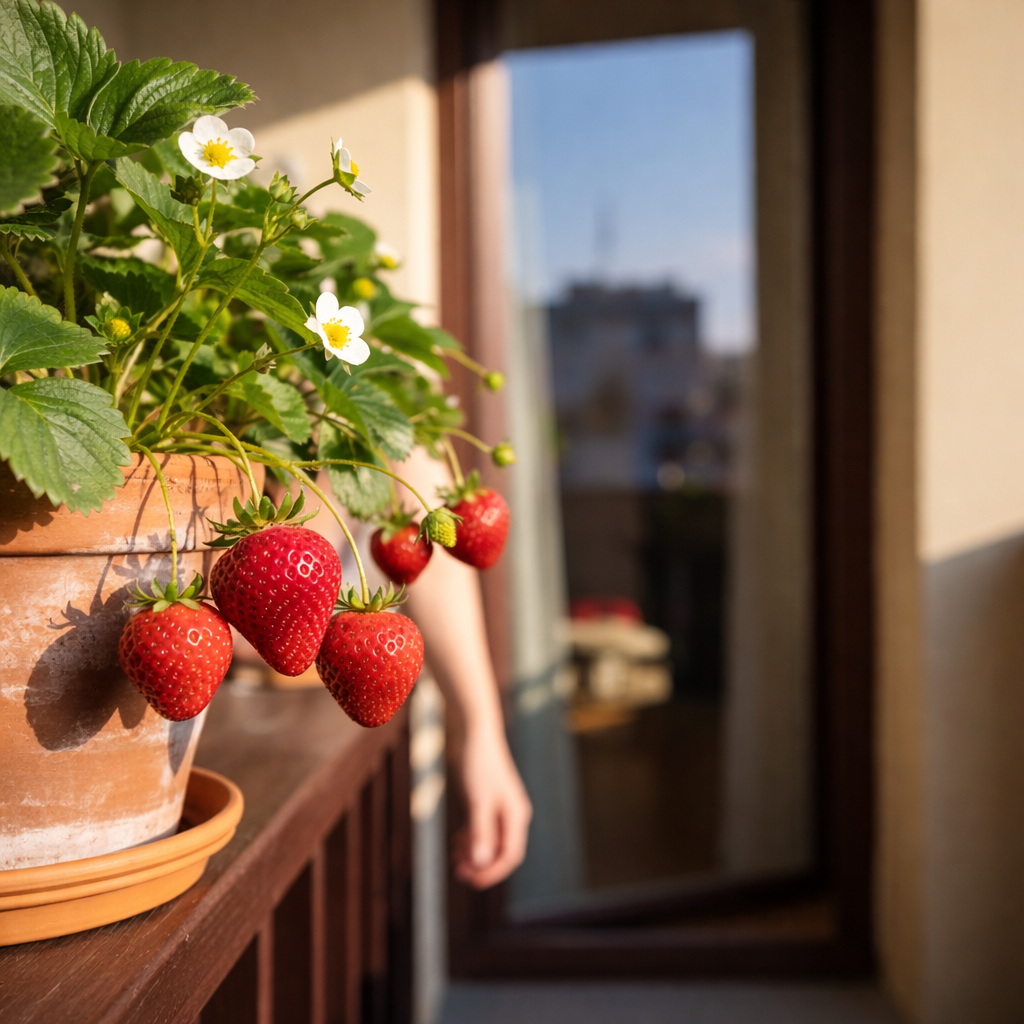 Vaso de terracota com morangos maduros em uma varanda de apartamento iluminada pelo sol.