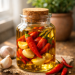 Close-up de um frasco de vidro rústico com rolha, cheio de azeite dourado infusionado com pimentas vermelhas inteiras e dentes de alho, iluminado por luz natural de janela; ao fundo, vaso de barro com planta verde desfocada em estilo farmhouse moderno