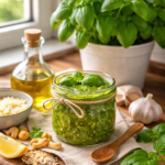 Pote de vidro com pesto caseiro verde vibrante feito com manjericão fresco da horta, sobre bancada rústica de madeira, acompanhado de folhas de manjericão, alho, castanhas, queijo ralado e azeite, com vaso de manjericão ao fundo iluminado por luz natural