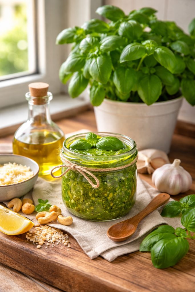 Pote de vidro com pesto caseiro verde vibrante feito com manjericão fresco da horta, sobre bancada rústica de madeira, acompanhado de folhas de manjericão, alho, castanhas, queijo ralado e azeite, com vaso de manjericão ao fundo iluminado por luz natural