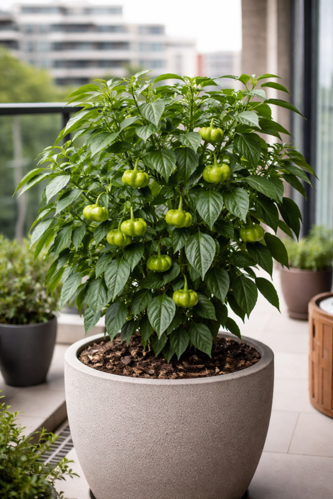 Pimenta cambuci cultivada em vaso grande em varanda de apartamento.