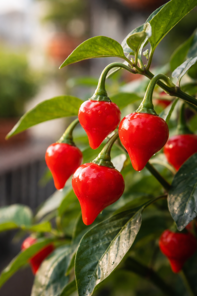 Frutos maduros de pimenta biquinho na planta cultivada em apartamento.