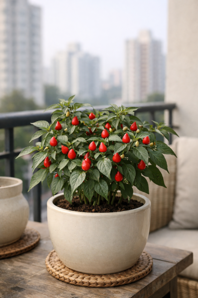 Pimenta biquinho cultivada em vaso na varanda de apartamento com luz natural suave.