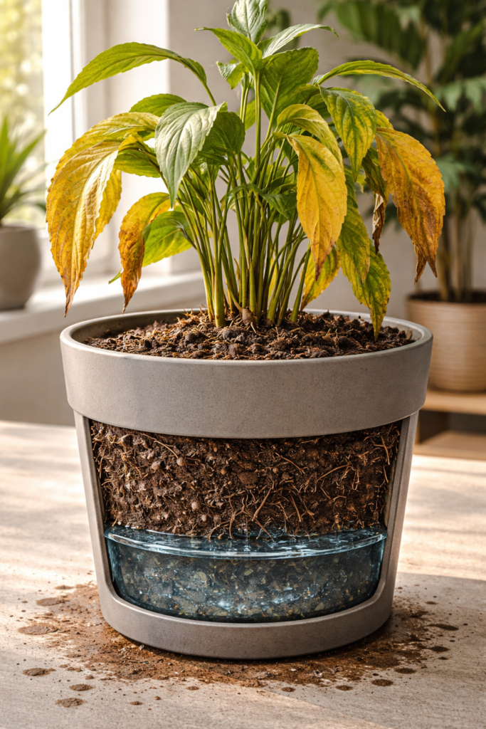 planta com folhas amarelas causada por vaso sem drenagem e acúmulo de água