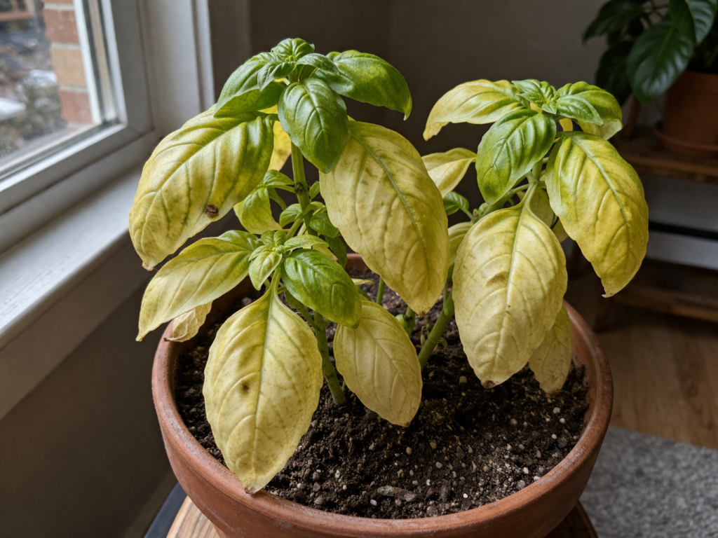 folhas amarelas por falta de nutrientes em planta de manjericão em vaso no apartamento