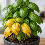 folhas amarelas em planta de manjericão em vaso no apartamento mostrando problema de rega ou nutrientes