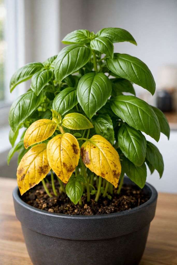 folhas amarelas em planta de manjericão em vaso no apartamento mostrando problema de rega ou nutrientes
