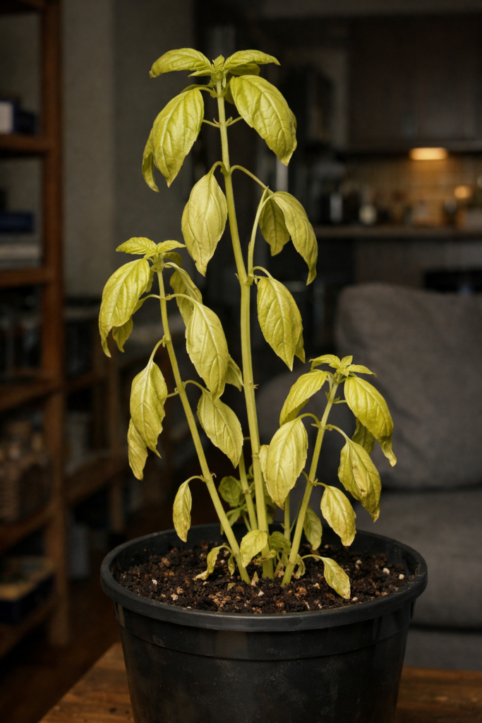 planta com folhas amarelas por falta de luz em apartamento