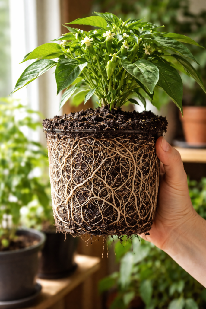 Planta de pimenta em vaso pequeno com raízes densamente enroladas e visíveis ao redor do torrão, caracterizando planta “enovelada” (root bound), sendo segurada à mão em ambiente interno com luz natural suave.