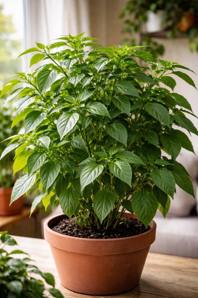 Planta de pimenta verde cultivada em vaso dentro de casa, com folhas densas e saudáveis, sem frutos visíveis, iluminada por luz natural suave ao lado de uma janela.