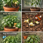 Pimenteira não dá frutos mostrando causas como pouca luz, rega incorreta, falta de polinização e vaso pequeno