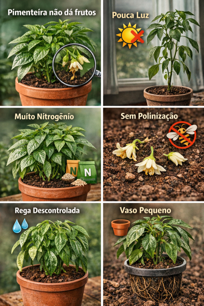 Pimenteira não dá frutos mostrando causas como pouca luz, rega incorreta, falta de polinização e vaso pequeno